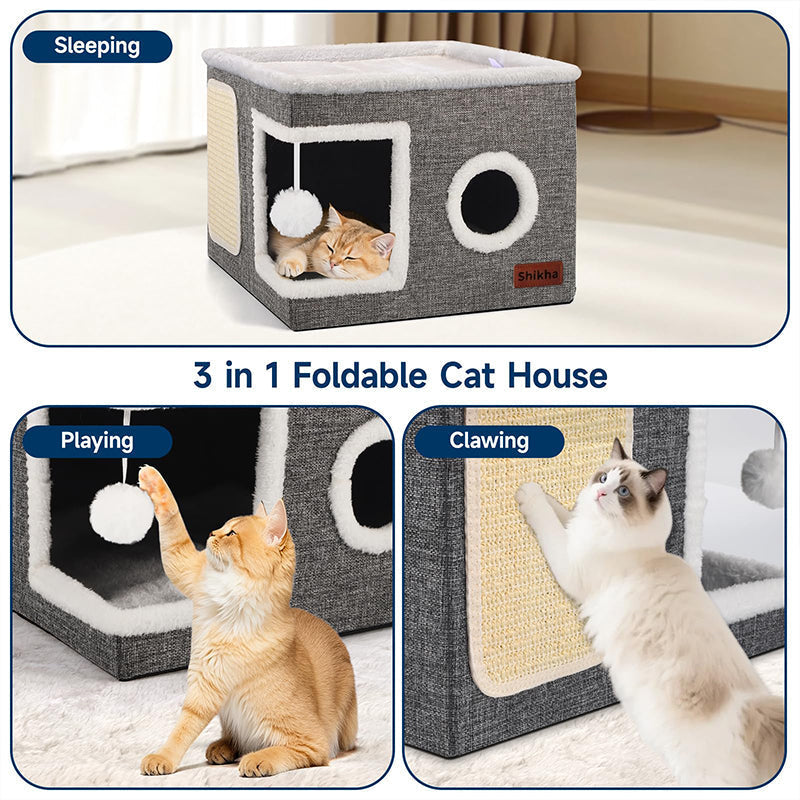 📢📢50% DE RÉDUCTION !! ⏰ Maison Cube Pliable 2-en-1 pour Chat – Design Bi-Niveau & Griffoir Intégré – Confort Toutes Saisons – Gain de Place & Portable 🐾