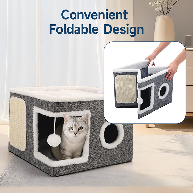 📢📢50% DE RÉDUCTION !! ⏰ Maison Cube Pliable 2-en-1 pour Chat – Design Bi-Niveau & Griffoir Intégré – Confort Toutes Saisons – Gain de Place & Portable 🐾