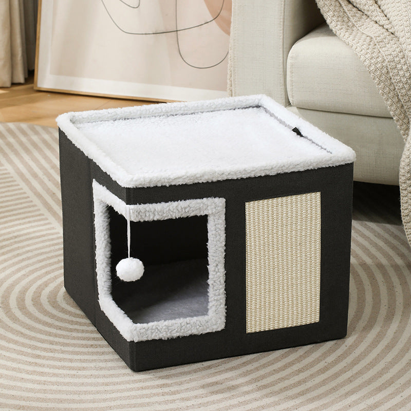 📢📢50% DE RÉDUCTION !! ⏰ Maison Cube Pliable 2-en-1 pour Chat – Design Bi-Niveau & Griffoir Intégré – Confort Toutes Saisons – Gain de Place & Portable 🐾