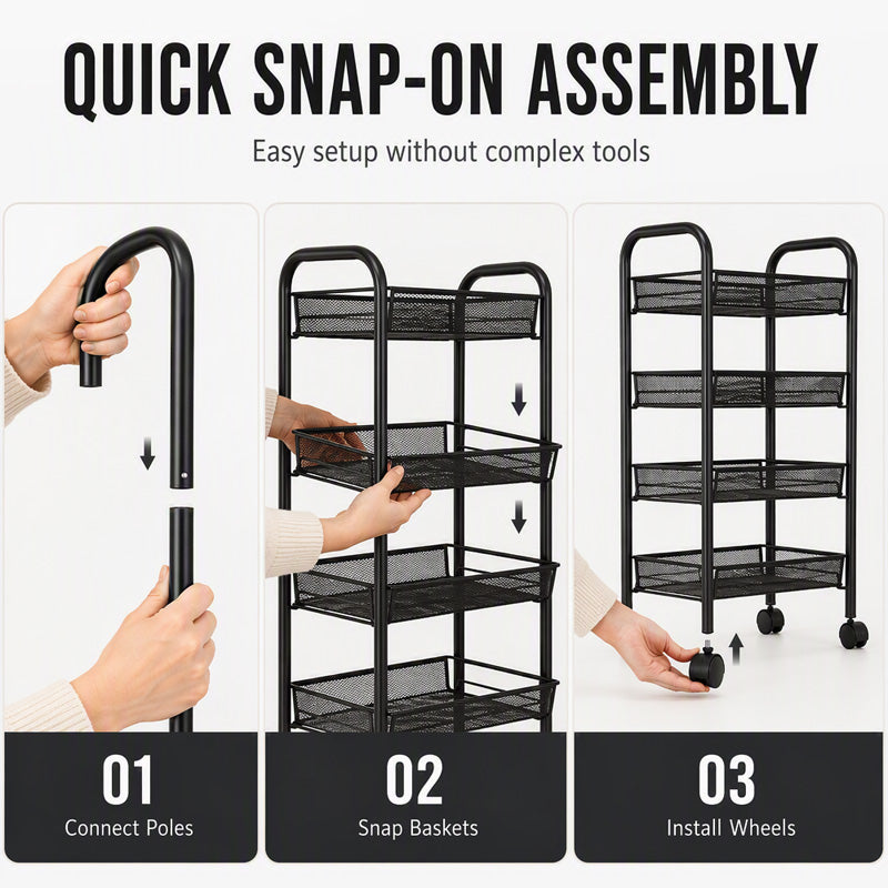 🔩🏠 Chariot de rangement multifonction à roulettes – Acier carbone robuste, grille métallique, rebord 7 cm anti-chute, le soutier mobile élégant pour cuisine, salle de bain et buanderie 💪🧹
