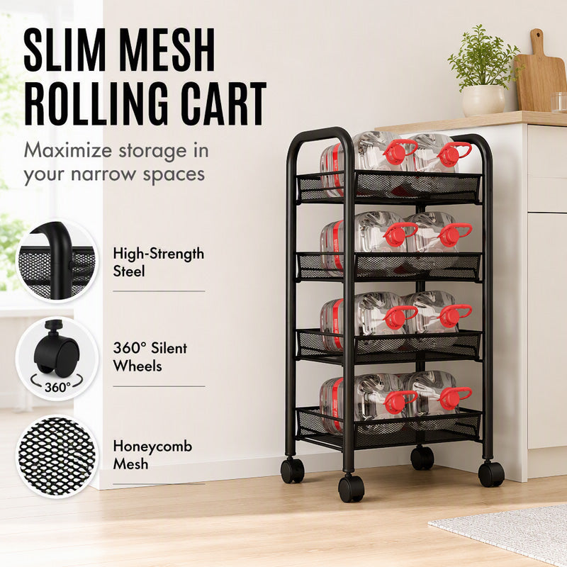 🔩🏠 Chariot de rangement multifonction à roulettes – Acier carbone robuste, grille métallique, rebord 7 cm anti-chute, le soutier mobile élégant pour cuisine, salle de bain et buanderie 💪🧹