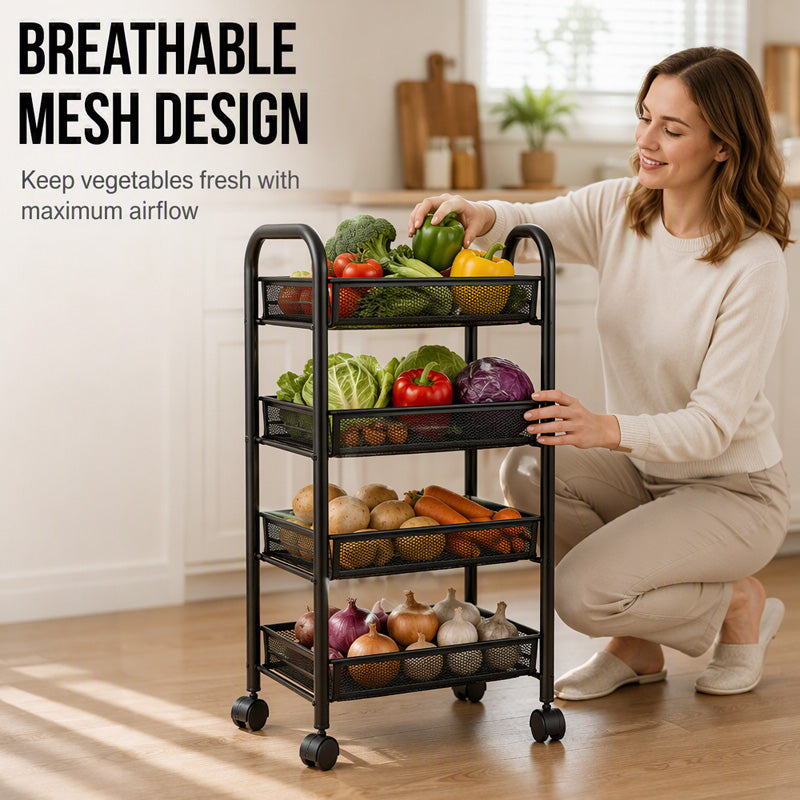 🔩🏠 Chariot de rangement multifonction à roulettes – Acier carbone robuste, grille métallique, rebord 7 cm anti-chute, le soutier mobile élégant pour cuisine, salle de bain et buanderie 💪🧹