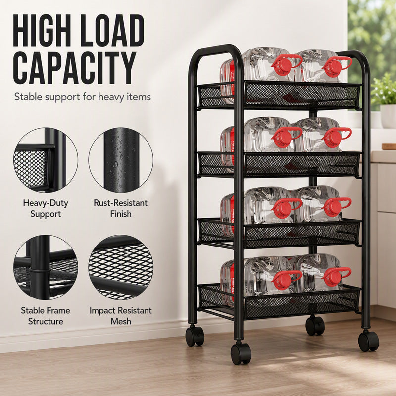 🔩🏠 Chariot de rangement multifonction à roulettes – Acier carbone robuste, grille métallique, rebord 7 cm anti-chute, le soutier mobile élégant pour cuisine, salle de bain et buanderie 💪🧹