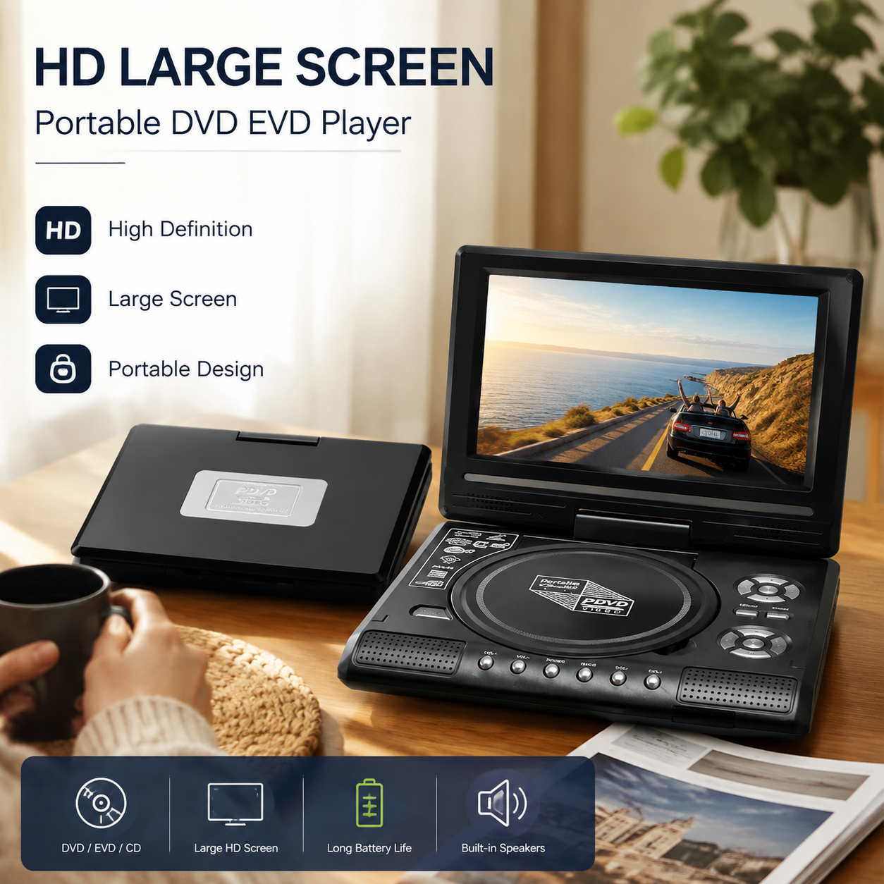 🎬📀 -50% ! 🖥️Lecteur DVD/EVD portable HD 7,8" – Grand écran, rechargeable et compatible DVD/CD/USB/SD – Idéal pour la maison et les voyages
