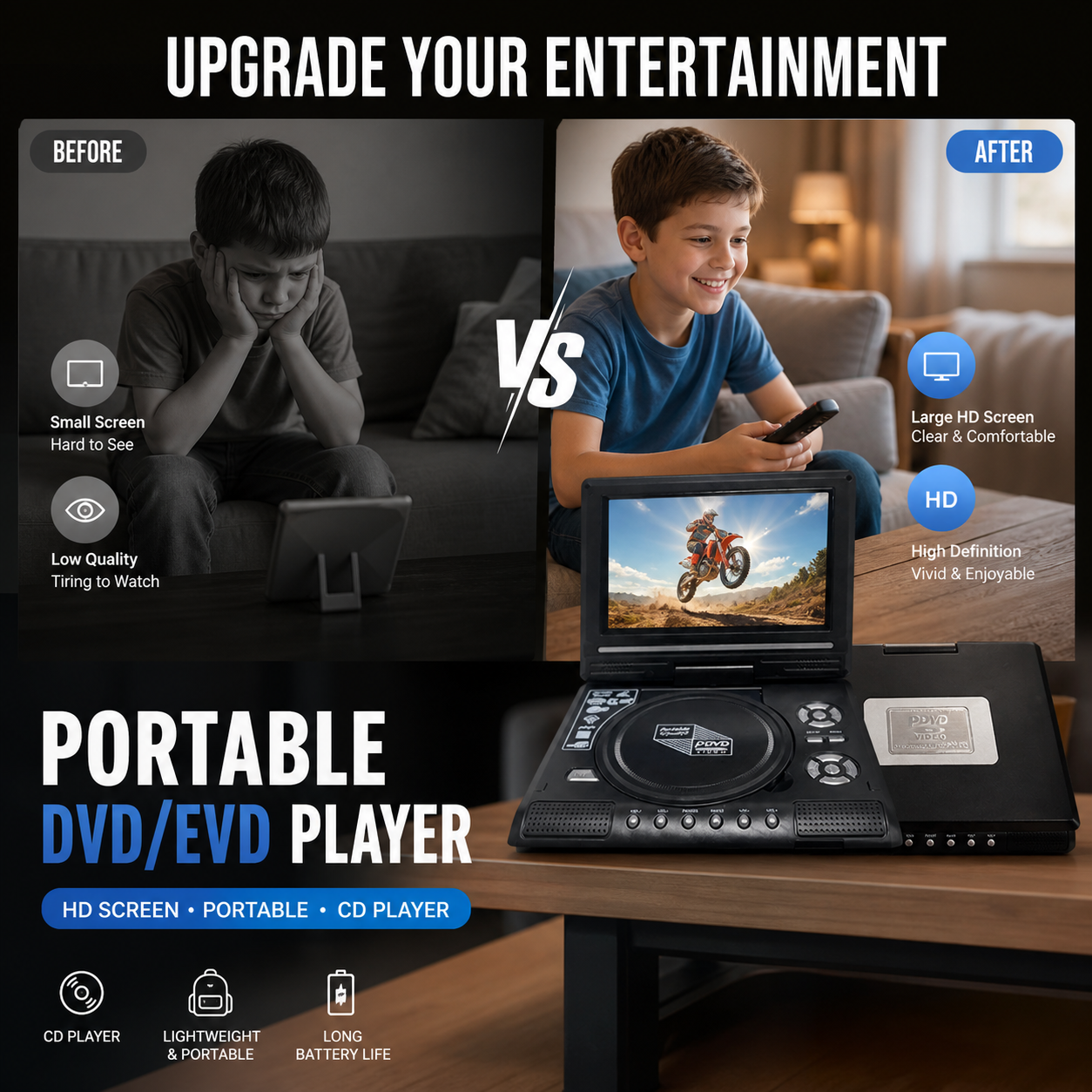 🎬📀 -50% ! 🖥️Lecteur DVD/EVD portable HD 7,8" – Grand écran, rechargeable et compatible DVD/CD/USB/SD – Idéal pour la maison et les voyages