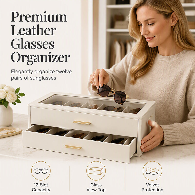 📢📢40% DE RÉDUCTION !! ⏰🔒 Étagère à lunettes 2 niveaux – Boîte transparente, 12 paires, cuir PU & verrou – Protection anti-poussière & rangement élégant ✨