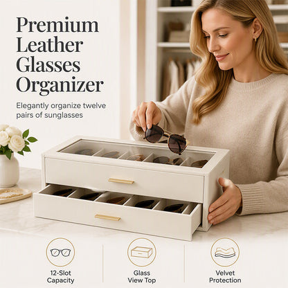 📢📢40% DE RÉDUCTION !! ⏰🔒 Étagère à lunettes 2 niveaux – Boîte transparente, 12 paires, cuir PU & verrou – Protection anti-poussière & rangement élégant ✨