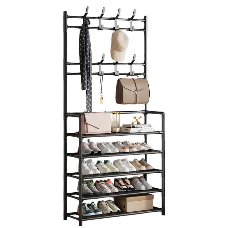 Meuble Vestiaire d'Entrée 3-en-1 – Porte-Manteau & Étagère à Chaussures en Métal