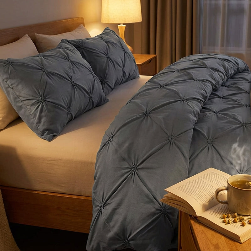 🏠💤 -50% ! 🌙Parure de Couette 3 Pièces à Plis Pintuck – Fibre Chimique – Fermeture à Glissière Cachée & Lavable en Machine pour Chambre Élégante