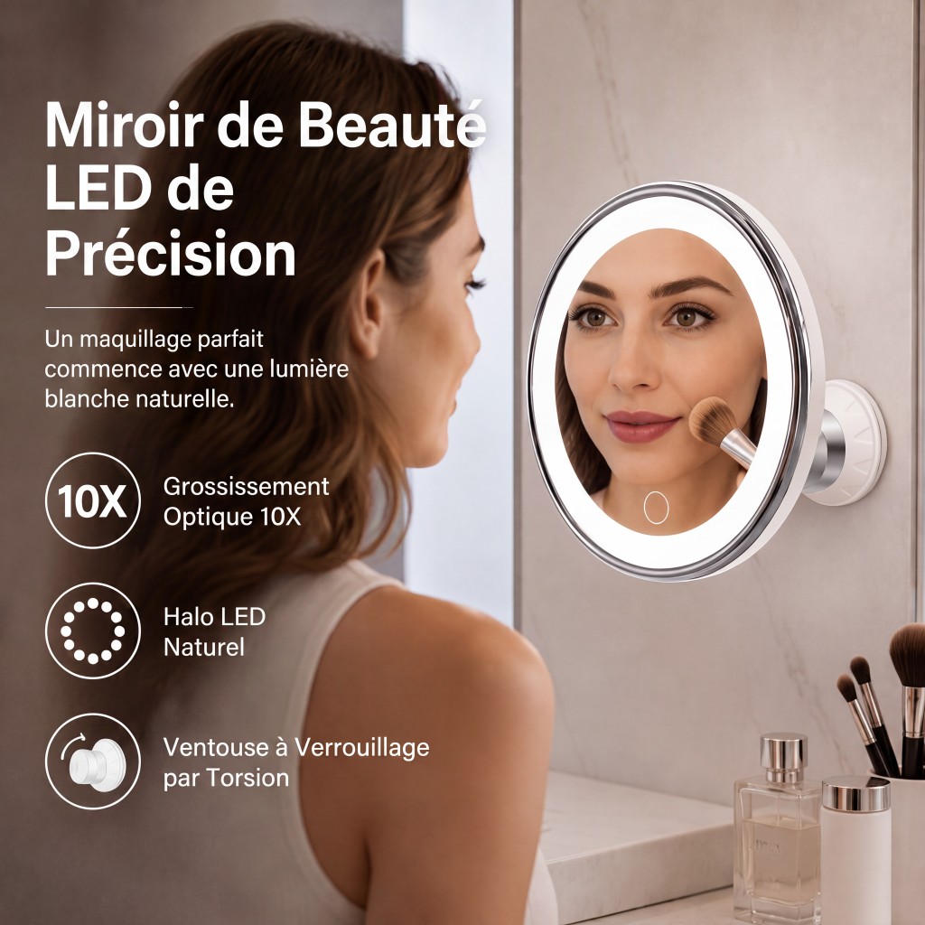Miroir de maquillage grossissant x10 avec lumière LED et ventouse