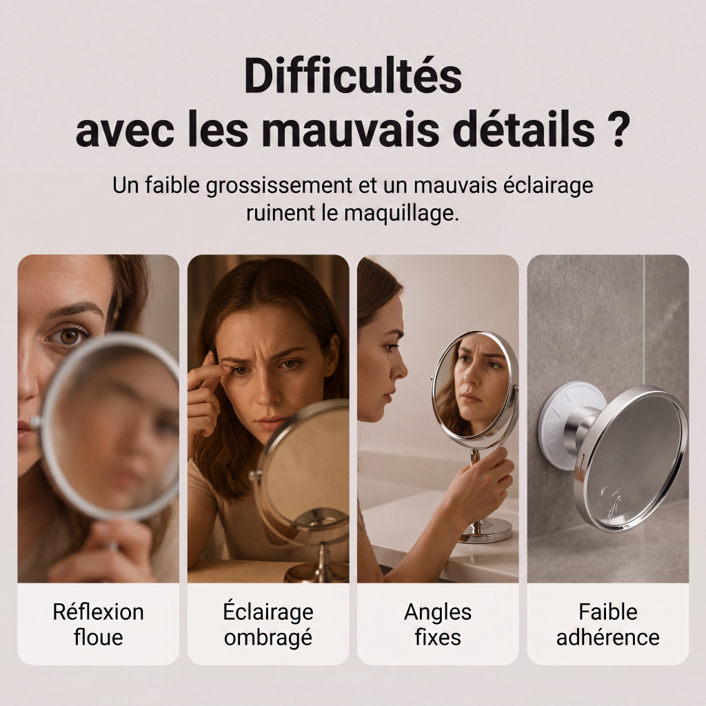 Miroir de maquillage grossissant x10 avec lumière LED et ventouse
