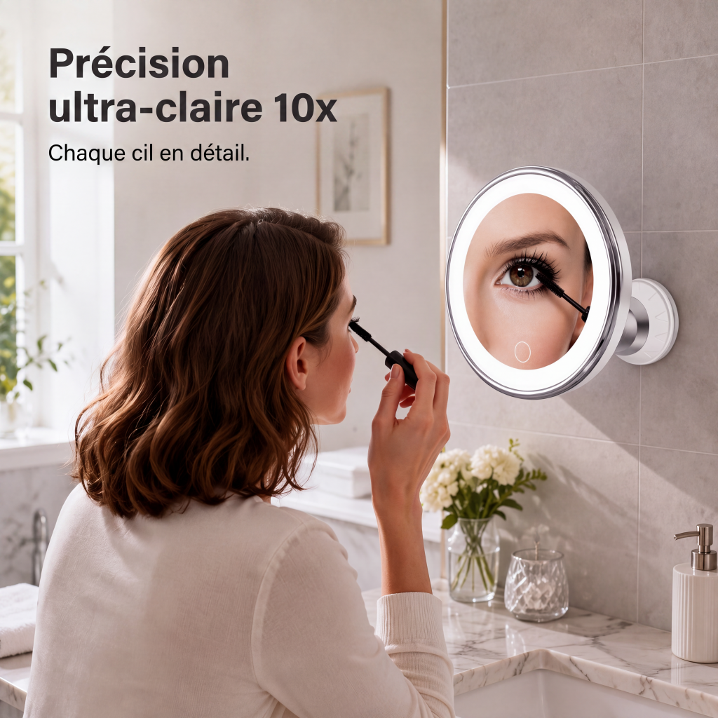Miroir de maquillage grossissant x10 avec lumière LED et ventouse