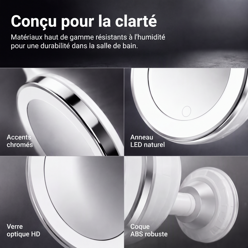 Miroir de maquillage grossissant x10 avec lumière LED et ventouse