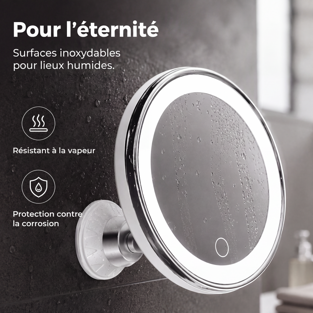 Miroir de maquillage grossissant x10 avec lumière LED et ventouse