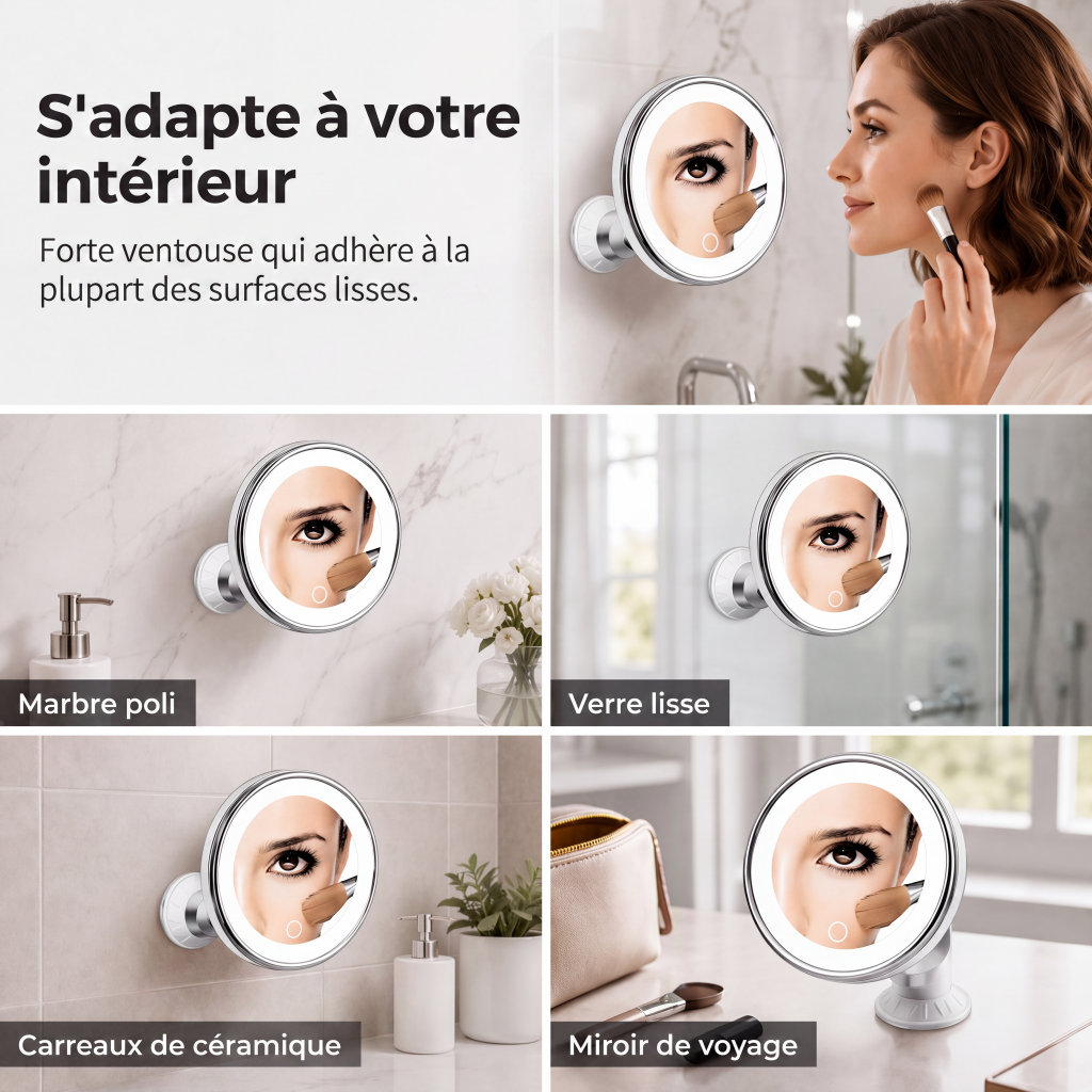 Miroir de maquillage grossissant x10 avec lumière LED et ventouse