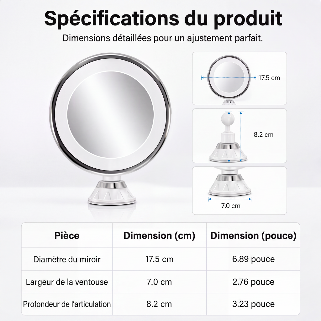 Miroir de maquillage grossissant x10 avec lumière LED et ventouse