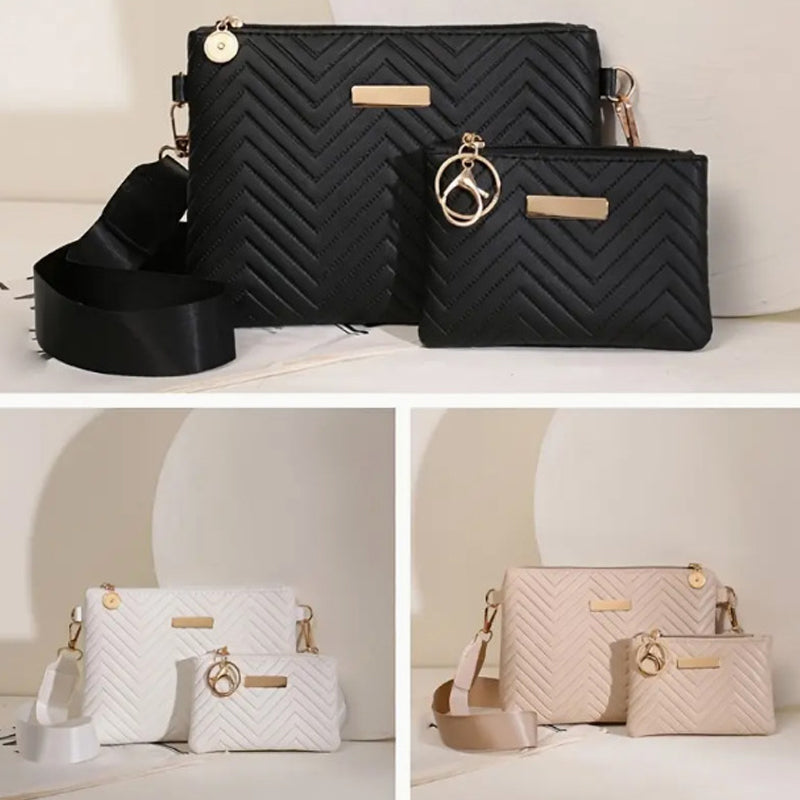 💼👛 -50% ! 🌸 Ensemble de Sacs à Bandoulière pour Femmes – Cuir PU – Motif Gaufré Vagues & Bandoulière Large – Set Sac Principal + Pochette pour Bureau et Quotidien