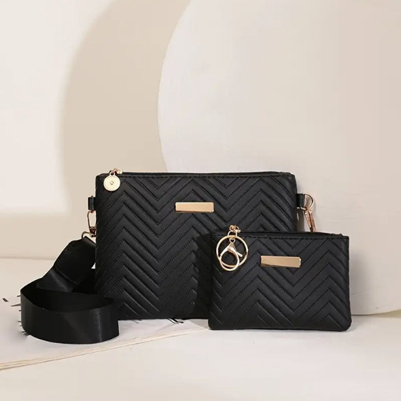 💼👛 -50% ! 🌸 Ensemble de Sacs à Bandoulière pour Femmes – Cuir PU – Motif Gaufré Vagues & Bandoulière Large – Set Sac Principal + Pochette pour Bureau et Quotidien