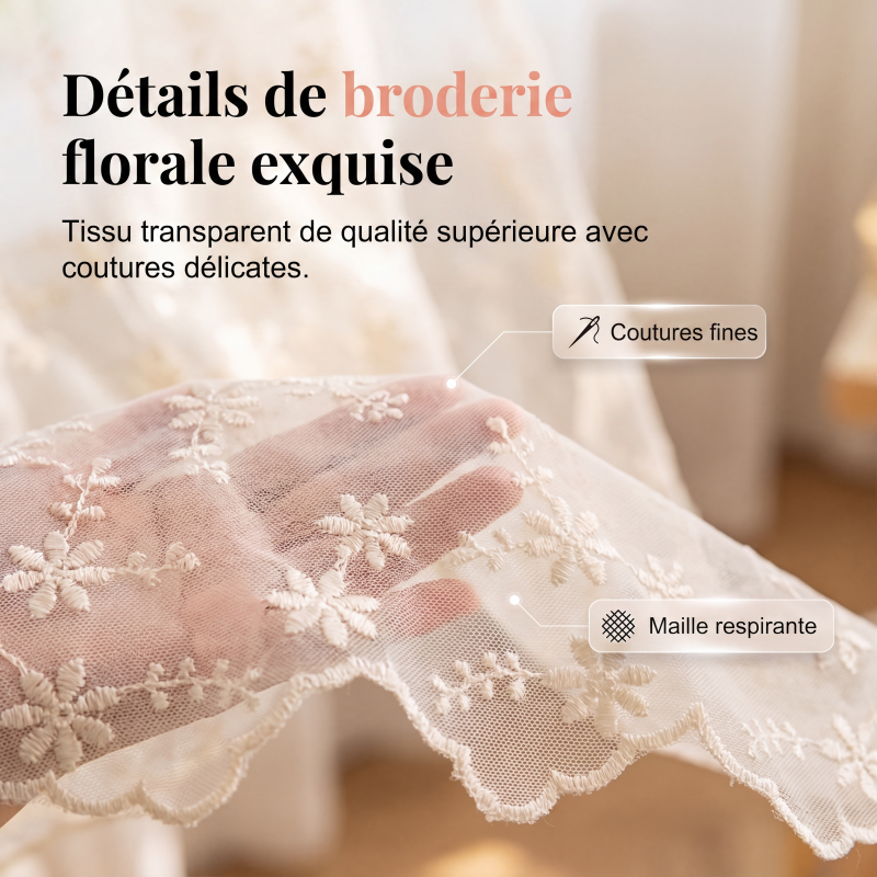 Voilage transparent à attaches avec broderie florale
