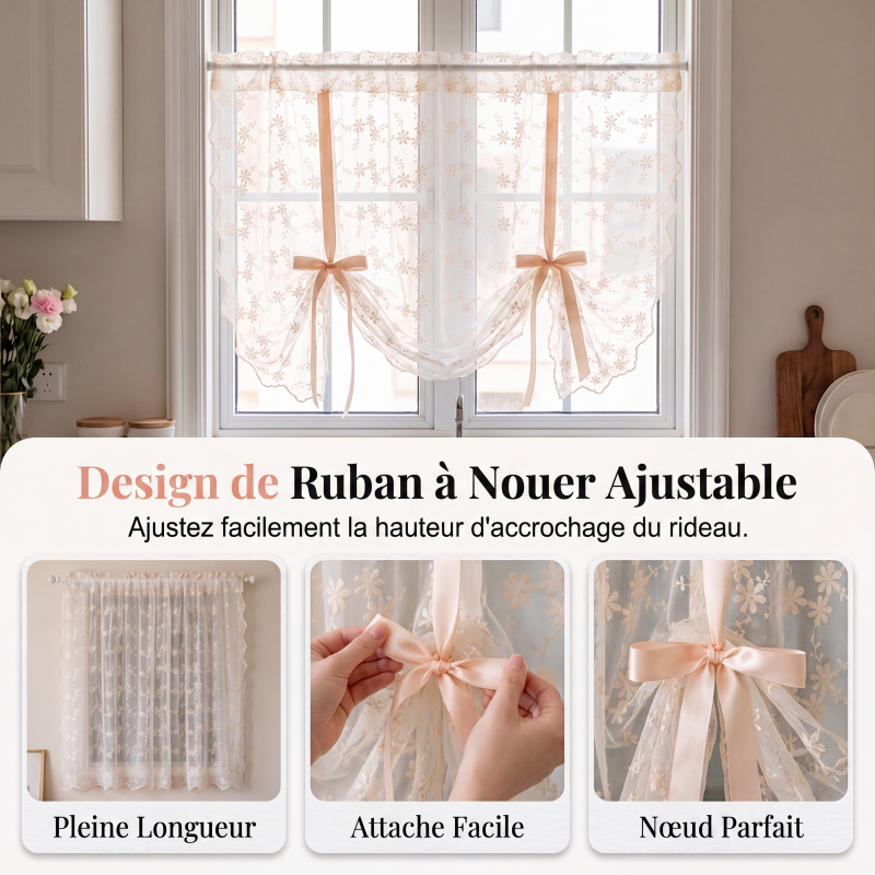 Voilage transparent à attaches avec broderie florale