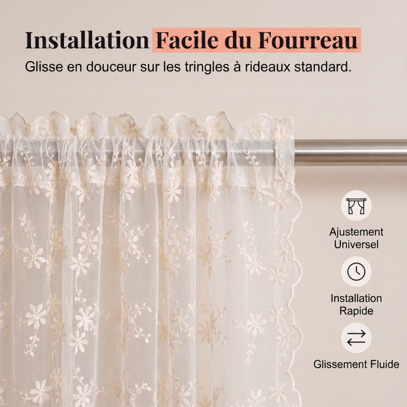 Voilage transparent à attaches avec broderie florale