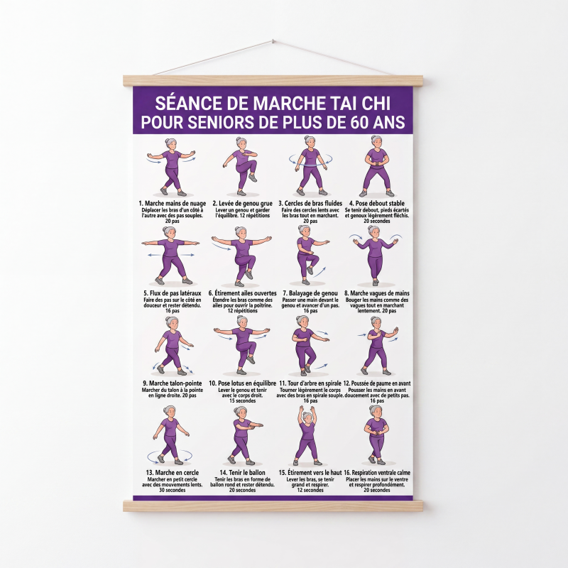 🧘 Affiche d’Exercices de Tai Chi pour Seniors – 60×40 cm – 16 Mouvements Illustrés – Version Marche ou Chaise – Guide Santé Quotidien 🏠