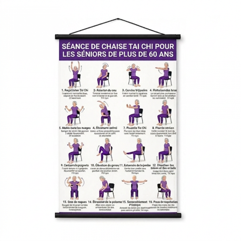 🧘 Affiche d’Exercices de Tai Chi pour Seniors – 60×40 cm – 16 Mouvements Illustrés – Version Marche ou Chaise – Guide Santé Quotidien 🏠