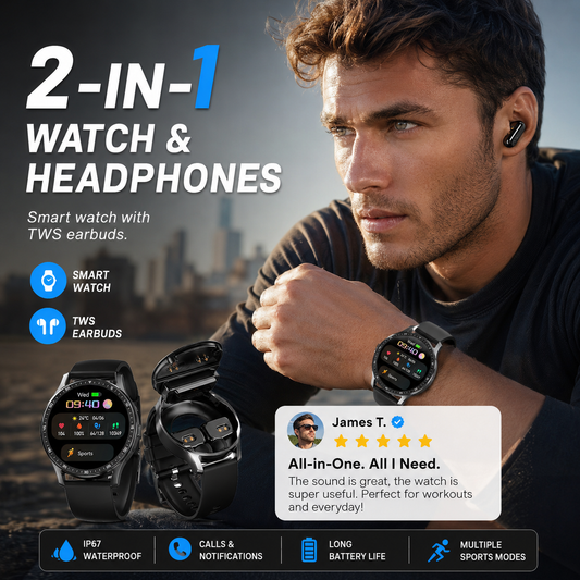 Montre connectée 2-en-1 avec écouteurs sans fil intégrés