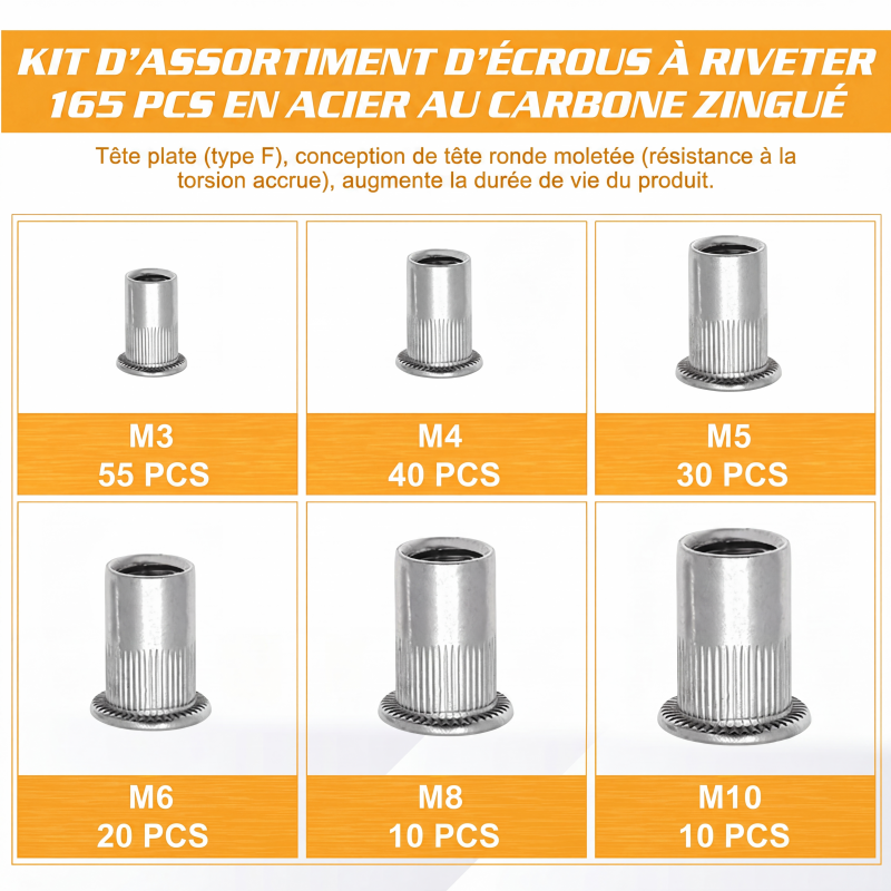 🔩 Kit d'assortiment d'écrous à riveter moletés