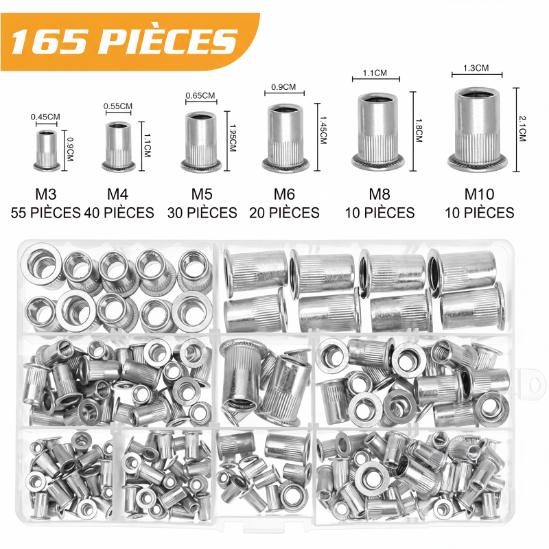 🔩 Kit d'assortiment d'écrous à riveter moletés