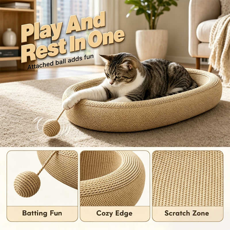 🐱🌿 Griffoir-lit pour chat en sisal – Forme ovale, résistant à l’usure, jouet inclus, le refuge parfait qui protège vos meubles et offre à votre félin un coin douillet pour se faire les griffes et dormir en boule 🛋️💤