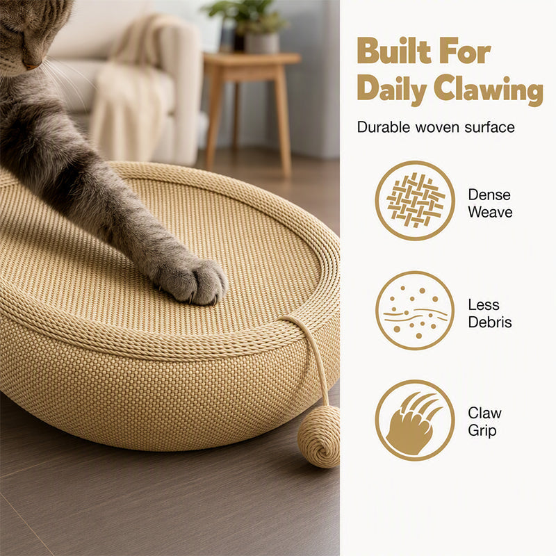🐱🌿 Griffoir-lit pour chat en sisal – Forme ovale, résistant à l’usure, jouet inclus, le refuge parfait qui protège vos meubles et offre à votre félin un coin douillet pour se faire les griffes et dormir en boule 🛋️💤