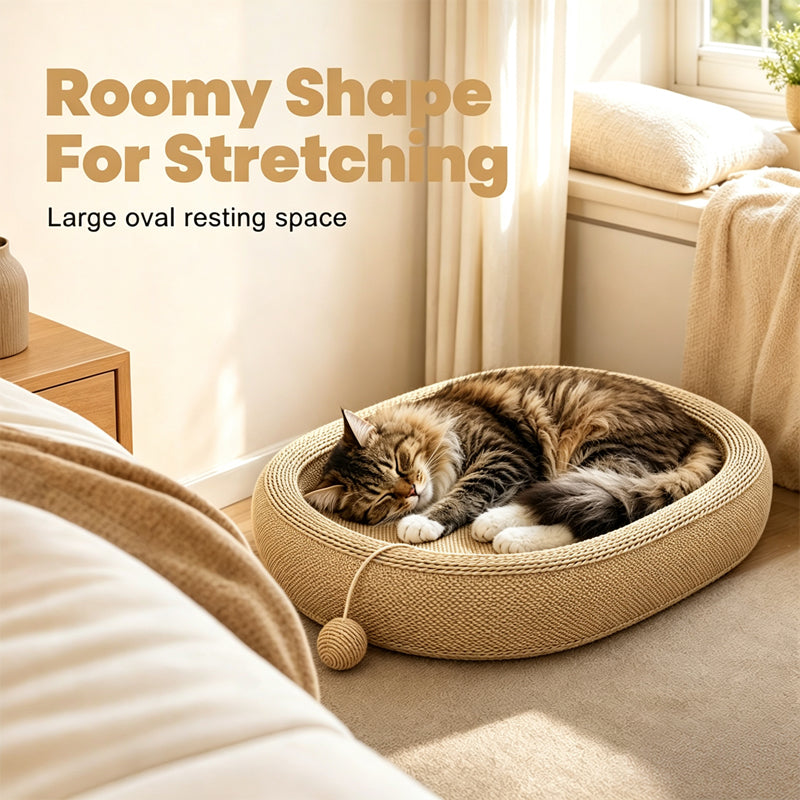 🐱🌿 Griffoir-lit pour chat en sisal – Forme ovale, résistant à l’usure, jouet inclus, le refuge parfait qui protège vos meubles et offre à votre félin un coin douillet pour se faire les griffes et dormir en boule 🛋️💤