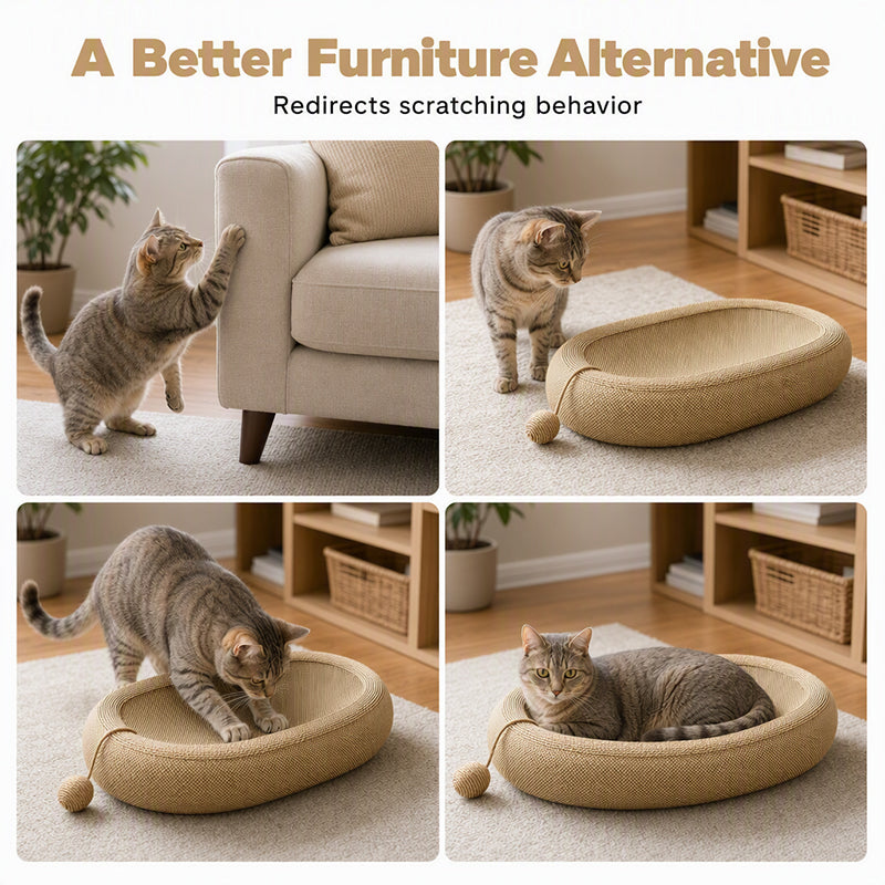 🐱🌿 Griffoir-lit pour chat en sisal – Forme ovale, résistant à l’usure, jouet inclus, le refuge parfait qui protège vos meubles et offre à votre félin un coin douillet pour se faire les griffes et dormir en boule 🛋️💤