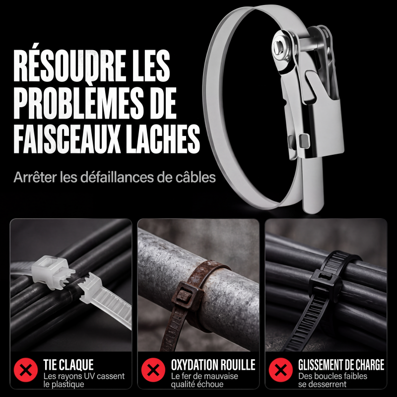 Collier de serrage en acier inoxydable robuste avec boucle à verrouillage à bascule