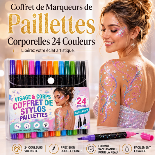 Ensemble de marqueurs à paillettes pour le visage et le corps de 24 couleurs avec pointes doubles