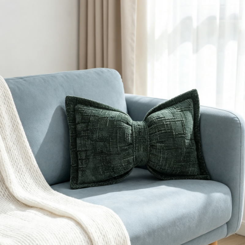 🦋🎀 Coussin décoratif en chenille forme nœud papillon – 30×50 cm, 9 coloris, housse et garnissage inclus, le nœud tout doux qui sublime votre canapé, votre lit ou votre coin lecture 🛋️💕