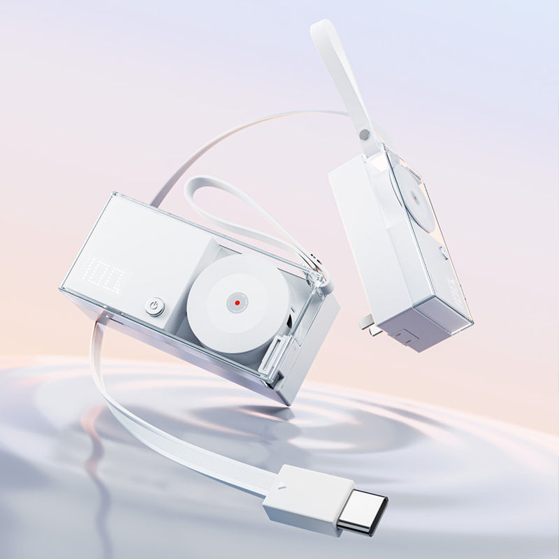 🔋 -50% ! ⚡ Batterie Externe 3-en-1 Charge Rapide – Câble Intégré – Dragonne – Corps Transparent – Blanc/Rose – Ultra-Compacte pour Voyages et Quotidien 📱