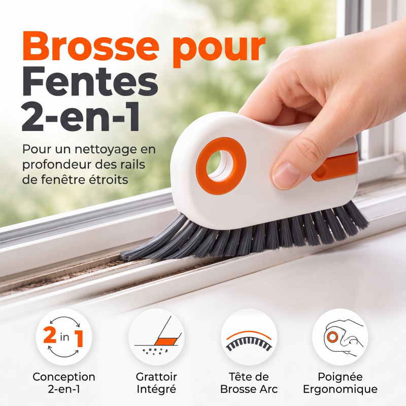 Brosse de nettoyage pour rainures de fenêtre 2-en-1 avec grattoir intégré