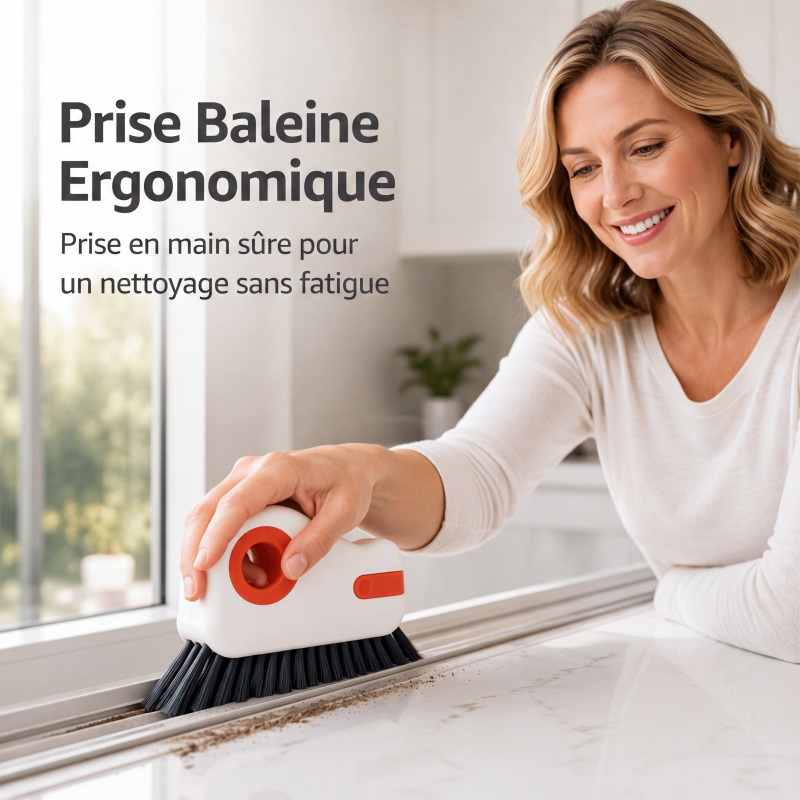 Brosse de nettoyage pour rainures de fenêtre 2-en-1 avec grattoir intégré