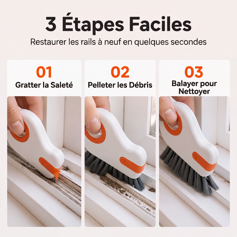 Brosse de nettoyage pour rainures de fenêtre 2-en-1 avec grattoir intégré