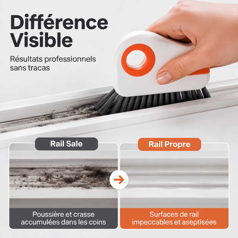 Brosse de nettoyage pour rainures de fenêtre 2-en-1 avec grattoir intégré