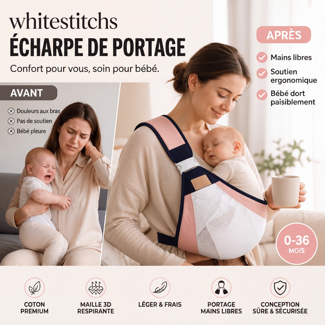 👶 Porte-Bébé Léger — Coton & Maille 3D Respirante, 4 Modes de Portage, Soutien Nuque, 0-36 Mois, 20kg, 3 Couleurs ✨