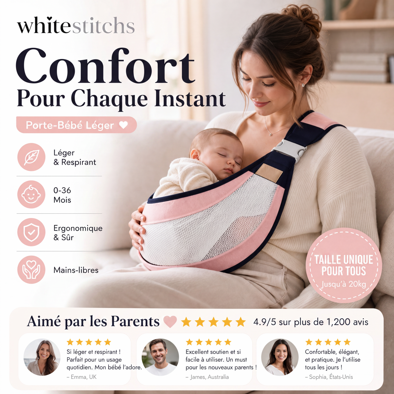 👶 Porte-Bébé Léger — Coton & Maille 3D Respirante, 4 Modes de Portage, Soutien Nuque, 0-36 Mois, 20kg, 3 Couleurs ✨