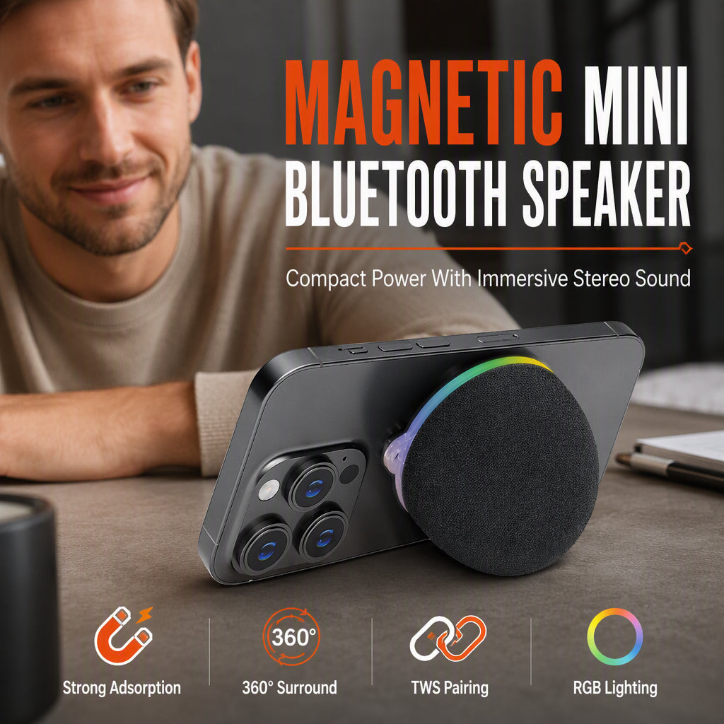 🔊🧲 Mini enceinte Bluetooth magnétique – Lumière ambiante RGB, son clair, fixez-la partout pour une musique d’ambiance dans la cuisine, la salle de bain ou au camping 🎵🌈