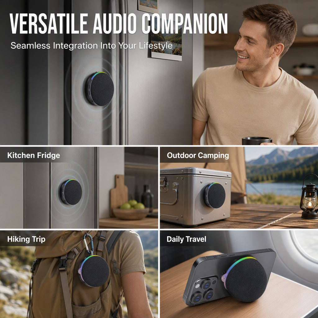 🔊🧲 Mini enceinte Bluetooth magnétique – Lumière ambiante RGB, son clair, fixez-la partout pour une musique d’ambiance dans la cuisine, la salle de bain ou au camping 🎵🌈