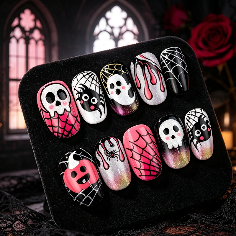 📢📢50% OFF !!⏰ 30 Pièces 🎃Kit de Faux Ongles À Coller Halloween