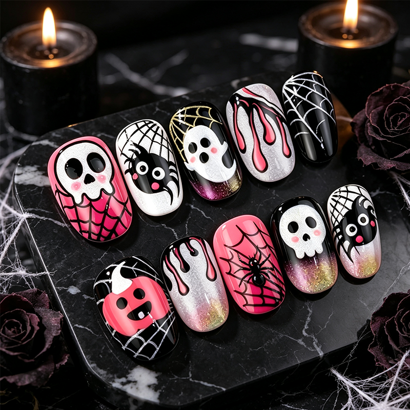 📢📢50% OFF !!⏰ 30 Pièces 🎃Kit de Faux Ongles À Coller Halloween