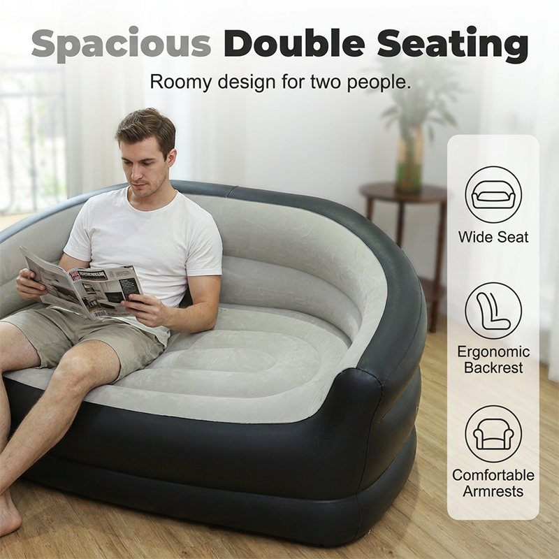 🔥 -50% ! 🛋️ Canapé Gonflable Double Portable – PVC – 138×87×71 cm – Surface Floquée Premium – Gris/Bleu – Confort Instantané Intérieur 🏠