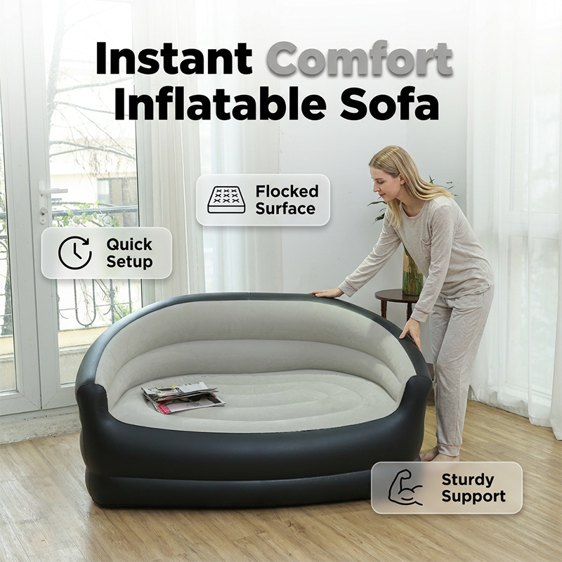 🔥 -50% ! 🛋️ Canapé Gonflable Double Portable – PVC – 138×87×71 cm – Surface Floquée Premium – Gris/Bleu – Confort Instantané Intérieur 🏠